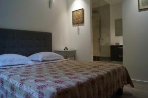 a bedroom with a large bed and a shower at Le Cherche Midi, entre Nîmes, le Pont du Gard, Uzès, Arles in Marguerittes