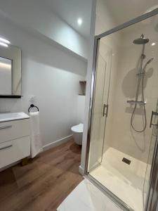a bathroom with a shower and a toilet at Studio Hôtel-Restaurant LTB La Table Basque in Biarritz