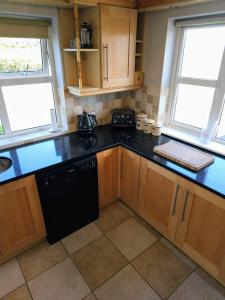 a kitchen with wooden cabinets and a black appliance at Doolin Vista House in Doolin
