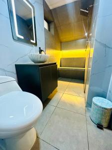 a bathroom with a toilet and a sink and a shower at Moderno Departamento en Estreno in Arequipa