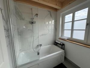 a bathroom with a shower and a white tub at Fachwerkhuus in Göhren-Lebbin
