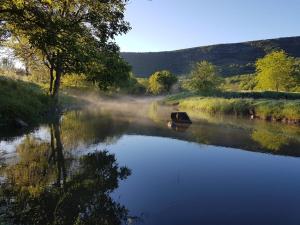 a boat in the middle of a river at Samshvilde Hideaway in Daghetʼkhachʼini +16 photos