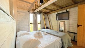 a bedroom with a bed in a room with a tv at Luxury Chalet Retreat with Jacuzzi & Fireplace in Itajaí