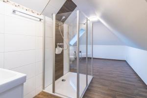 a glass shower in a bathroom with a sink at Suite ODINS HALLE - Odins Blick Wohnung 8 - direkt am Privatstrand, Sauna, Garten in Lobbe +26 photos