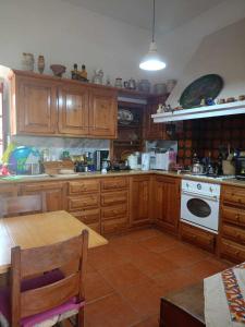 a kitchen with wooden cabinets and a white stove top oven at LILIA in Poros +29 photos