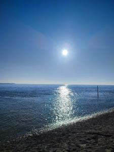 a beach with the sun reflecting on the water at la détente in Berck-sur-Mer