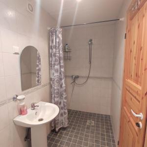 a bathroom with a sink and a shower at Vormsi ohvitseride maja korter nr 7 in Hullo