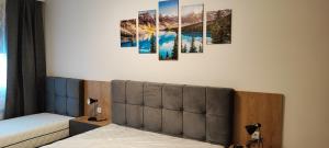 1 dormitorio con 4 pinturas en la pared en Planinski Biser - Spa & Lux Apartment, en Zlatibor 52 fotos más