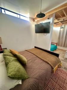 a bedroom with a large bed with a flat screen tv at Doña Patty in El Tabo