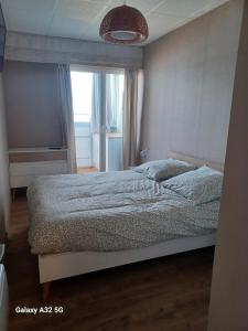 een slaapkamer met een groot bed met een raam bij Le Mathgo in Saint-Hilaire-de-Riez