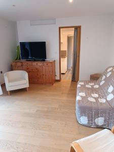 een woonkamer met een flatscreen-tv en een bank bij Les hortensias in Lannion
