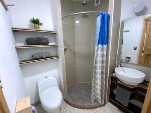 Un baño con ducha, inodoro y lavabo. en Estudios by Flor y tierra, en Guadalajara 46 fotos más
