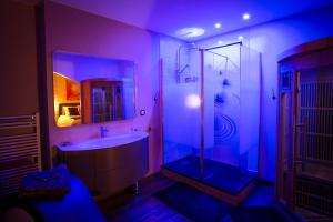 a purple bathroom with a tub and a shower at Suite Romantique & Spa in Dijon