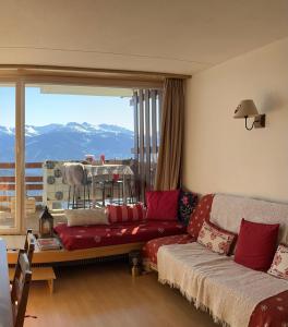 安塞热Studio chaleureux, confortable, avec vue sur les Alpes 2- 3 pers的带沙发和大窗户的客厅