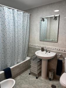 a bathroom with a sink and a shower curtain at Piso Vilavella in Redondela