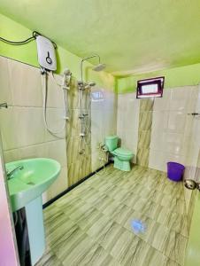 Un baño con un inodoro verde y un lavabo. en Magee apartment with kitchen and air con, en Mirissa 7 fotos más