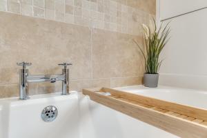 a bathroom with a white sink with a potted plant at JUNGLE HOT TUB, games room, near eateries, micro brewery, pubs, beauty salons and boutique shops, Argyle, free Netflix, in the heart of Plymouth - Dogs welcome - Hosted by Absolute Accommodation Plymouth in Plymouth