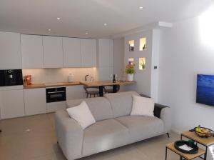ein Wohnzimmer mit einem Sofa und einer Küche in der Unterkunft Beach House Rodine - free parking & bikes in Scheveningen + 29 Fotos
