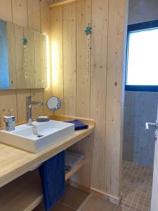 a bathroom with a sink and a mirror at Cabane Alizée, Vensac Océan, Montalivet in Vensac