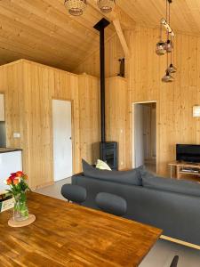 a living room with a couch and a table at Cabane Alizée, Vensac Océan, Montalivet in Vensac