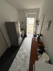 a kitchen with a refrigerator and a door to a yard at Appartement dans maison au calme in Forbach