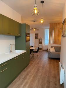 a kitchen with green cabinets and a living room at La maison bleue in Neufchâteau