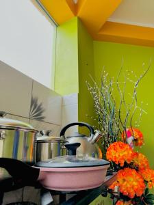 a kitchen counter with a pot and some flowers at Departamento con baño privado in Ayacucho +4 photos