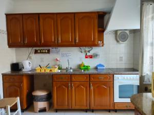 a kitchen with wooden cabinets and a sink at Pacheco's Guesthouse in Lagos