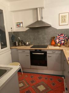 a kitchen with a stove and a sink at Komfortables Haus mit Terrasse und Garten in Collioure