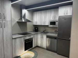 a kitchen with wooden cabinets and stainless steel appliances at La Casa de los Abuelos in Fermoselle