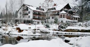 a snow covered yard with a house and a pond at Hotel Waldblick Kniebis in Kniebis