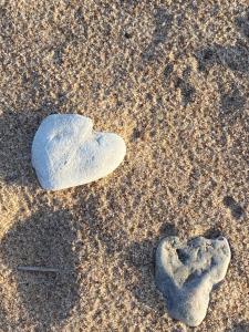 two rocks in the sand on the beach at Sunlay Cottage in Zvejniekciems