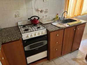 a kitchen with a stove and a sink at Casas Mañanas de Sol in Balneario Pehuén-Có
