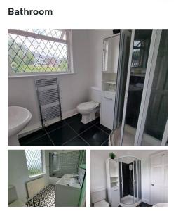 a bathroom with a sink and a toilet and a window at Spacious 4BD with great links to Manchester centre in Manchester