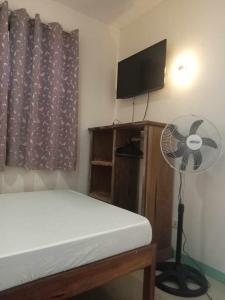 een slaapkamer met een bed, een ventilator en een televisie bij Toto s House Junior Suite in Puerto Princesa City