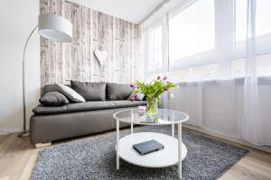 a living room with a couch and a glass table at Deluxe Appartements am Münster in Freiburg im Breisgau