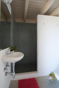 ein Badezimmer mit einem weißen Waschbecken und einer Dusche in der Unterkunft Amazigh-Casas de Vale Figueiras in Aljezur