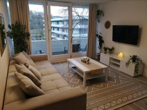 ein Wohnzimmer mit Sofa und Couchtisch in der Unterkunft BonnJour - 7 Lounge Apartment in Bonn