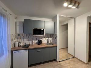 a kitchen with a counter top and a microwave at Studio - Proche Centrex & Disneyland in Noisy-le-Grand