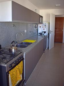 een keuken met een fornuis, een wastafel en een koelkast bij Franca Austral in Puerto Madryn
