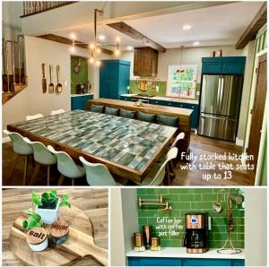 a kitchen with blue cabinets and a table with chairs at Copper Cottage French Lick in French Lick