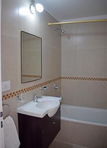 een badkamer met een wastafel, een spiegel en een bad bij Franca Austral in Puerto Madryn