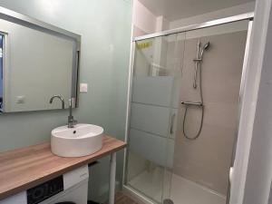 a bathroom with a sink and a shower with a mirror at 4 personnes - Proche Centrex et Disneyland in Noisy-le-Grand