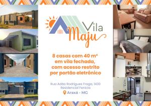 a flyer for a real estate agency with a collage of homes at Vila Maju espaço home office,garagem,próx..UniAraxá,fácil acesso in Araxá