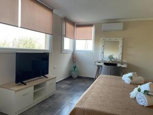 a bedroom with a flat screen tv and a bed at Villa in Alykes with Private Pool & Sea Views in Alykes