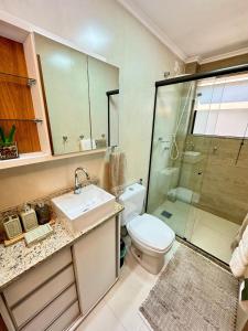 a bathroom with a toilet and a sink and a shower at Conforto e Praticidade no Centro de Friburgo! in Nova Friburgo