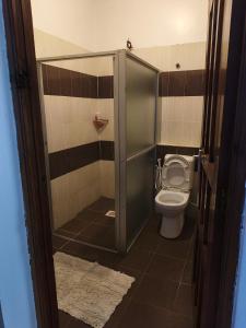 a bathroom with a toilet and a shower stall at NimKai Gold Place in Mtwapa +19 photos
