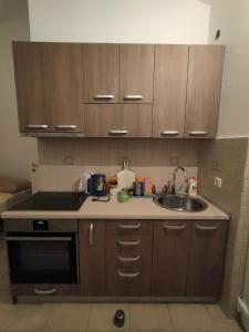a small kitchen with wooden cabinets and a sink at Cozy 2-Bedroom Apartment in Bigovo