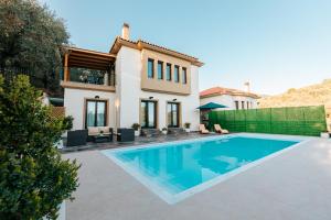 a villa with a swimming pool in front of a house at PELIONBLUE VILLAs in Volos