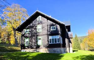 卡尔洛瓦斯图丹卡Vila Silva Karlova Studánka的草地上的大型木屋